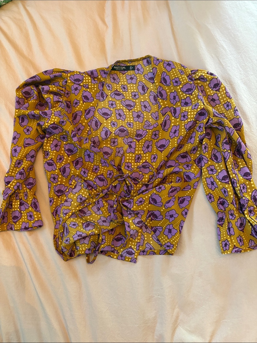 Nasty Gal Mustard and Purple Floral Tie-Front Blouse